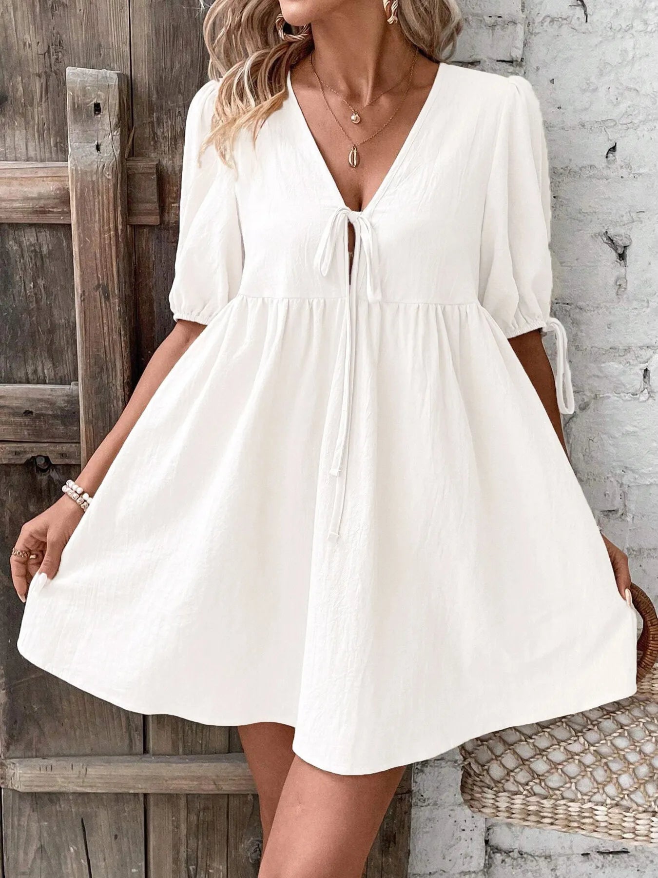 V-Neck Tie-Front Mini Dress with Puff Sleeves - adritiX