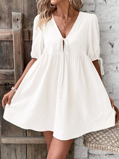 V-Neck Tie-Front Mini Dress with Puff Sleeves - adritiX