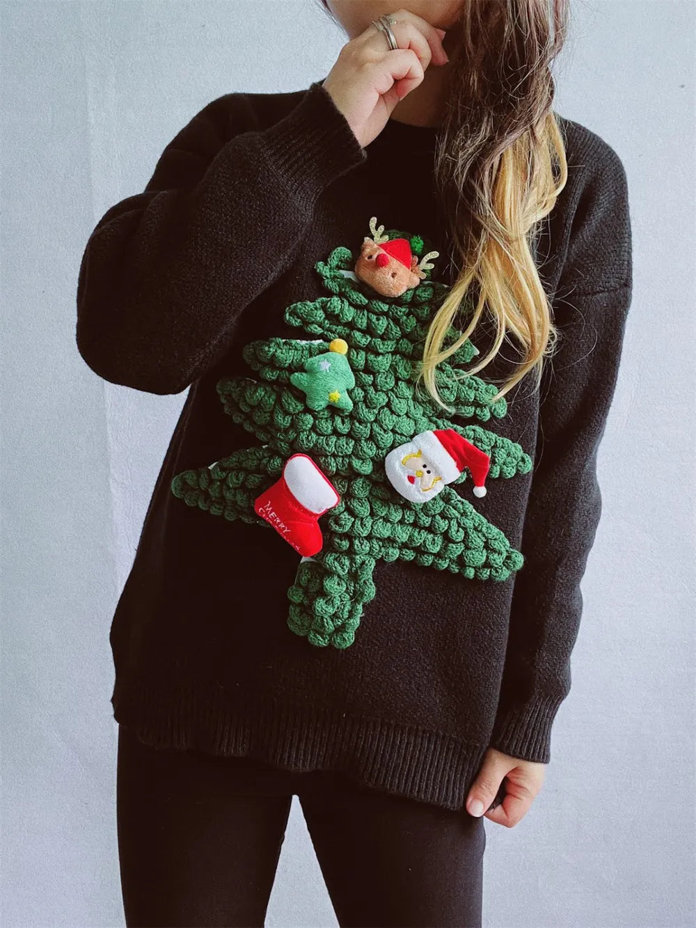 Elegant Christmas Tree Round Neck Long Sleeve Sweater - adritiX