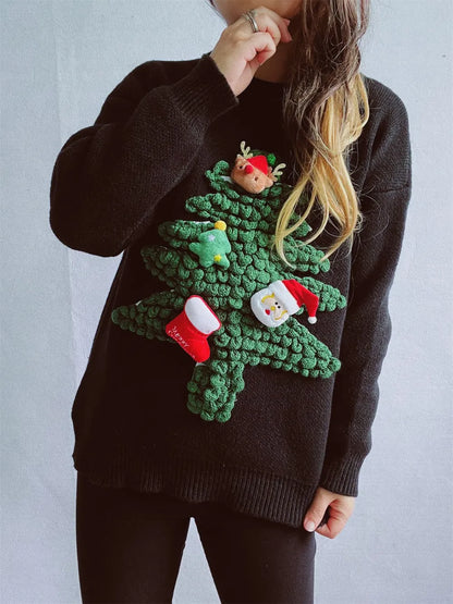 Elegant Christmas Tree Round Neck Long Sleeve Sweater - adritiX