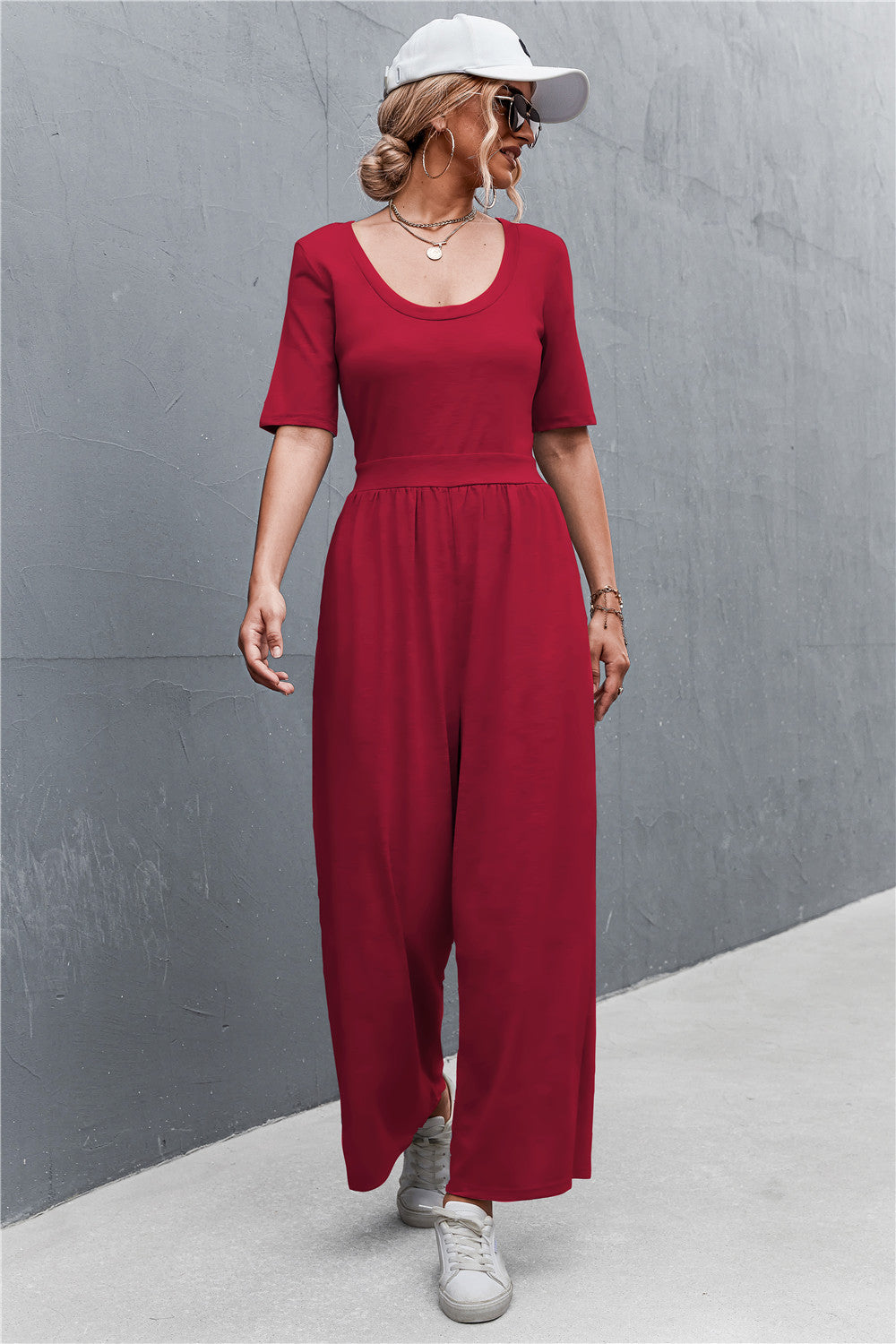 Elegant Scoop Neck Half Sleeve Wide Leg Jumpsuit - adritiX