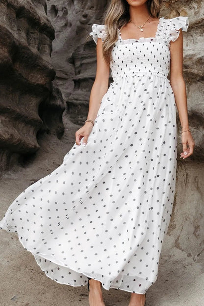 Polka Dot Ruffle Sleeve Smocked Midi Dress - adritiX