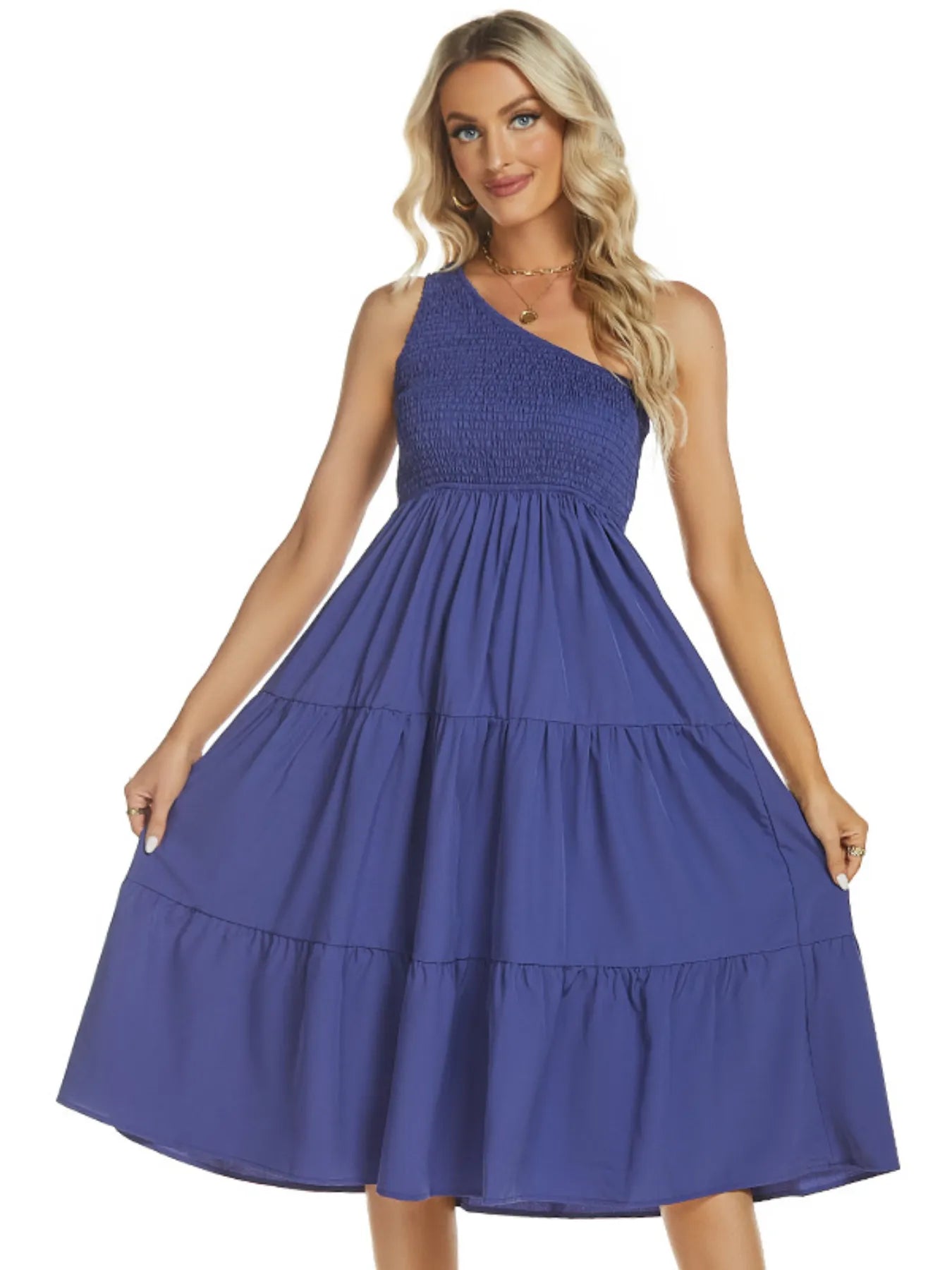 One-Shoulder Tiered Midi Dress with Smocked Bodice - adritiX