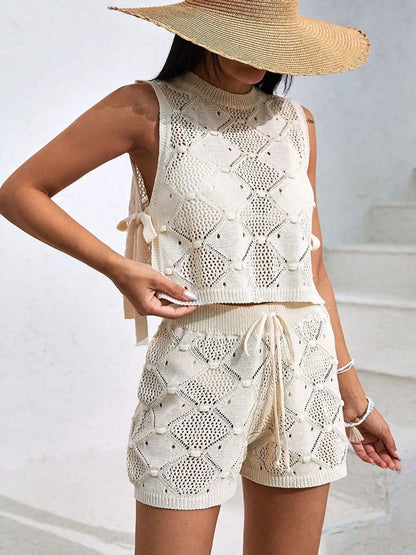 Diamond Pattern Sleeveless Top and Shorts Knit Set - adritiX