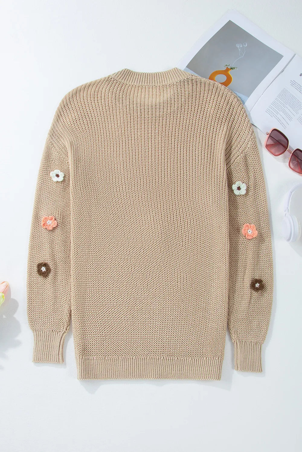 HELLO Flower Round Neck Long Sleeve Sweater - adritiX