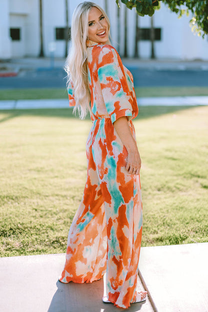 Elegant Tie-Dye Collared Wide Leg Jumpsuit - adritiX