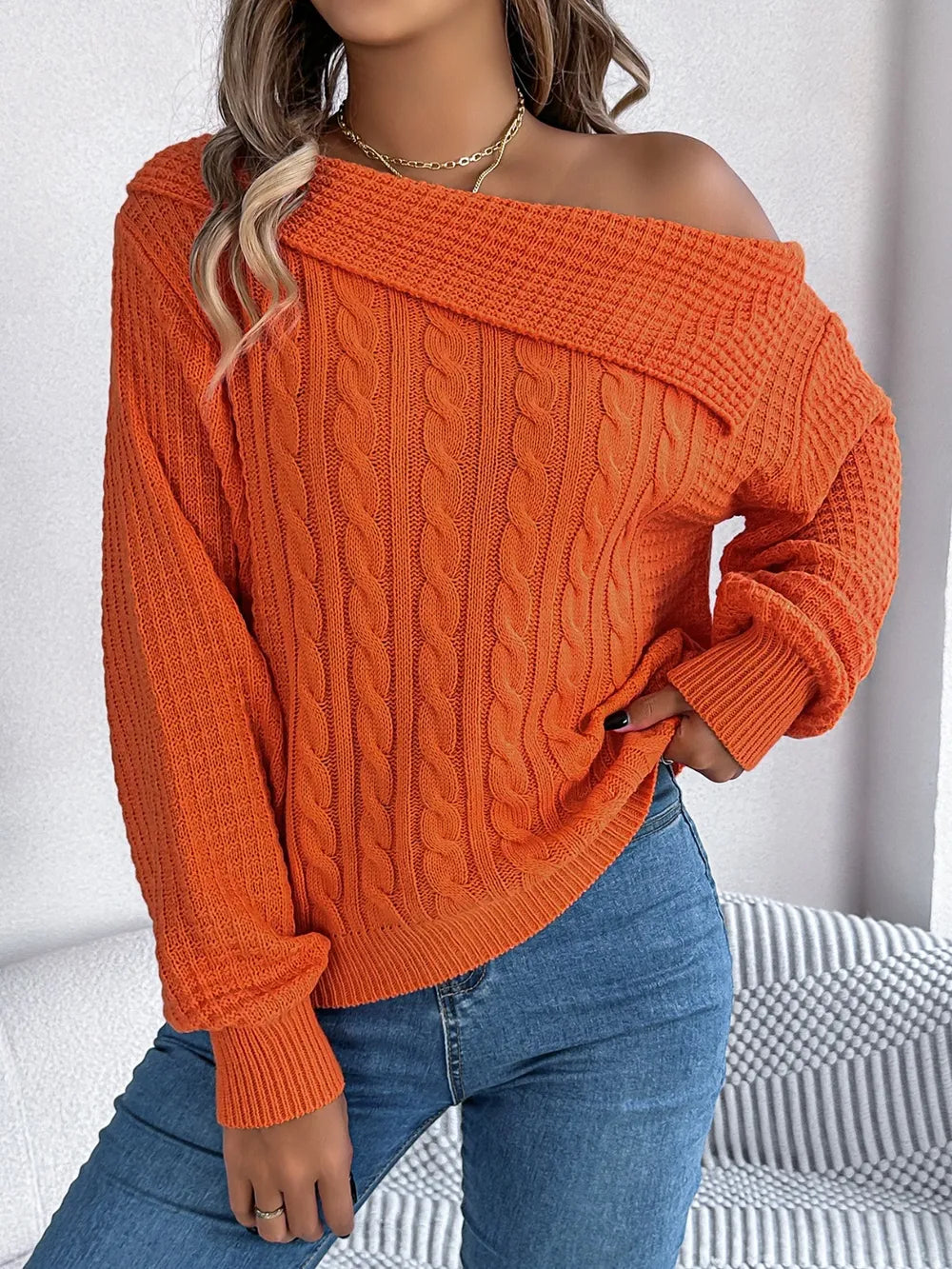 Cable-Knit One Shoulder Long Sleeve Sweater - adritiX