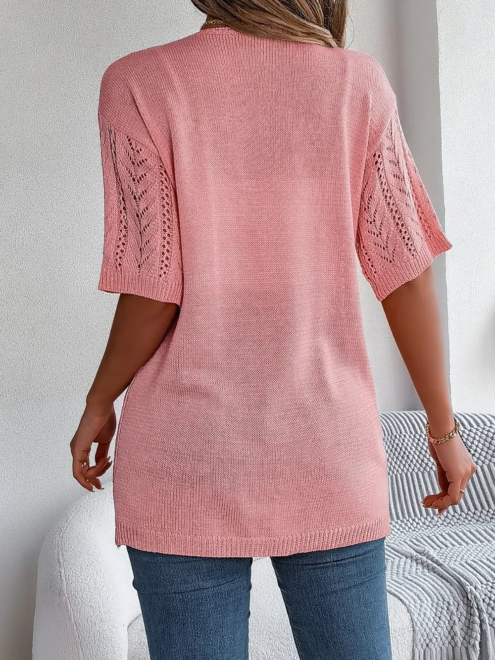 Openwork Open Front Half Sleeve Cardigan - adritiX