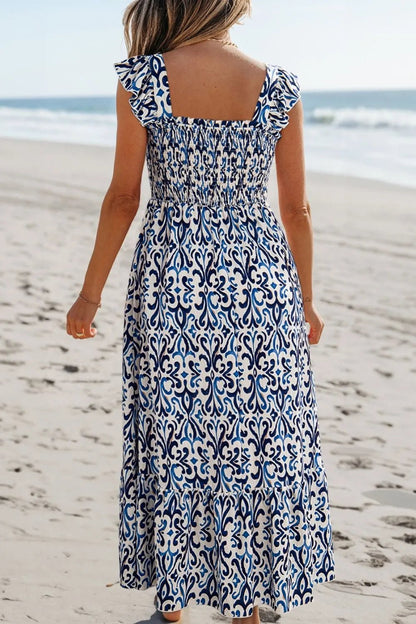 Smocked Printed Square Neck Dress - adritiX
