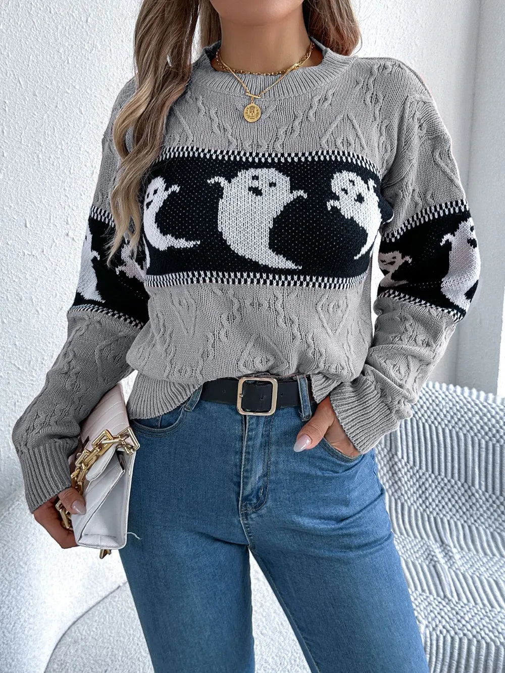 Ghost Round Neck Long Sleeve Sweater - adritiX