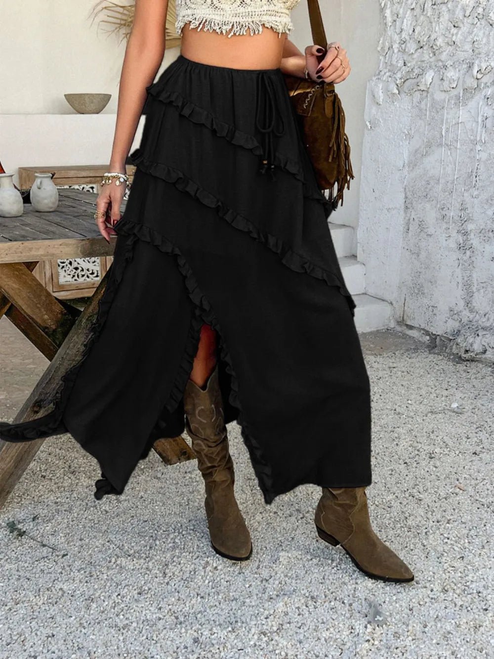 Devine Slit Drawstring Ruffled Skirt - adritiX