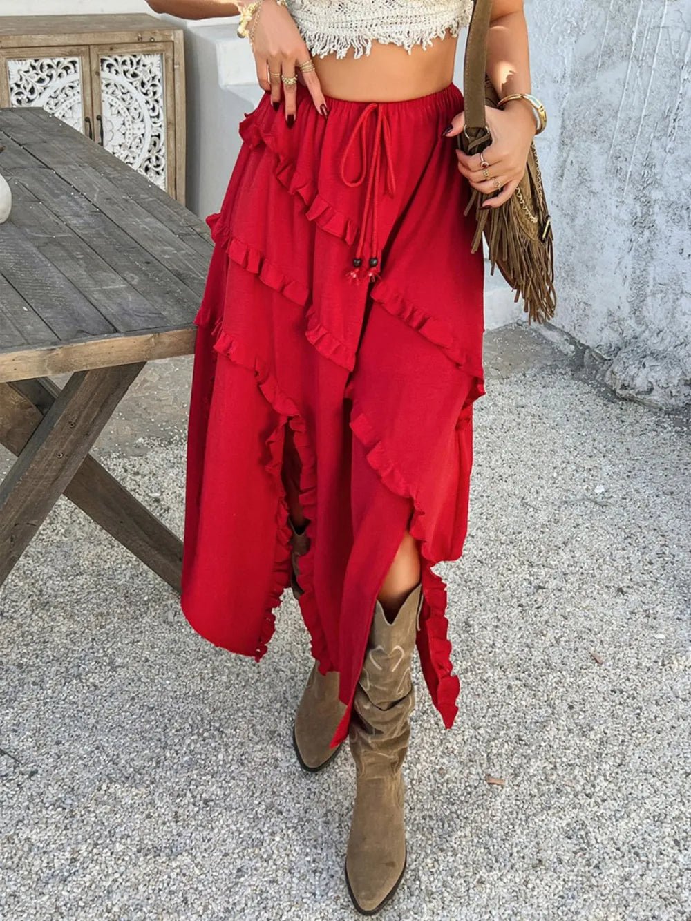 Devine Slit Drawstring Ruffled Skirt - adritiX