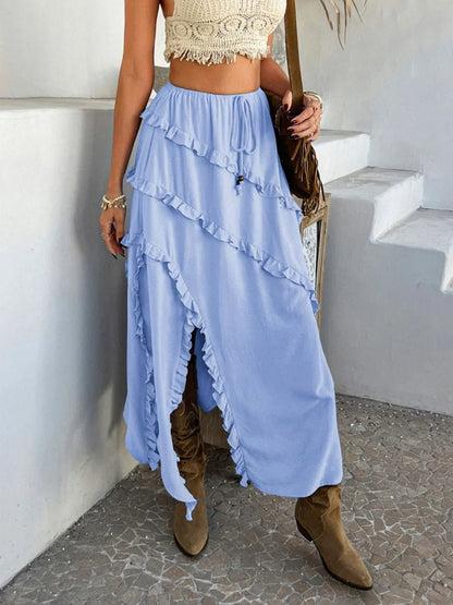 Devine Slit Drawstring Ruffled Skirt - adritiX