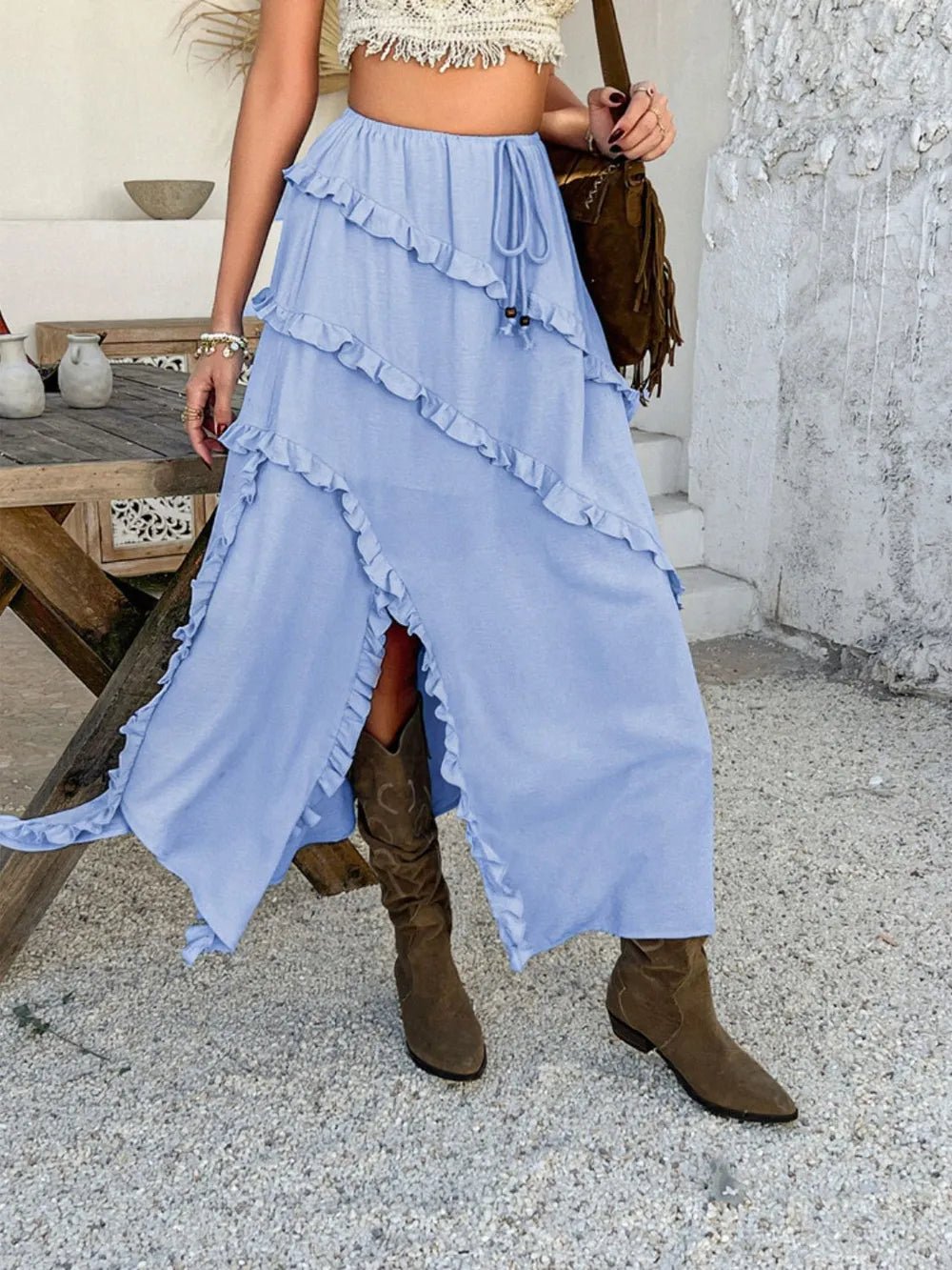 Devine Slit Drawstring Ruffled Skirt - adritiX