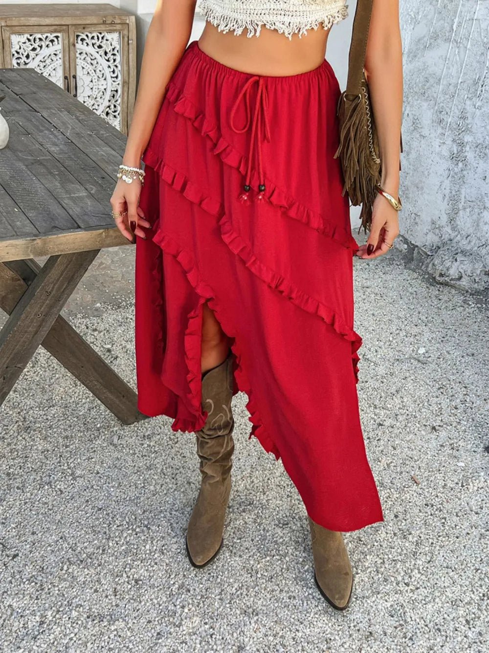 Devine Slit Drawstring Ruffled Skirt - adritiX