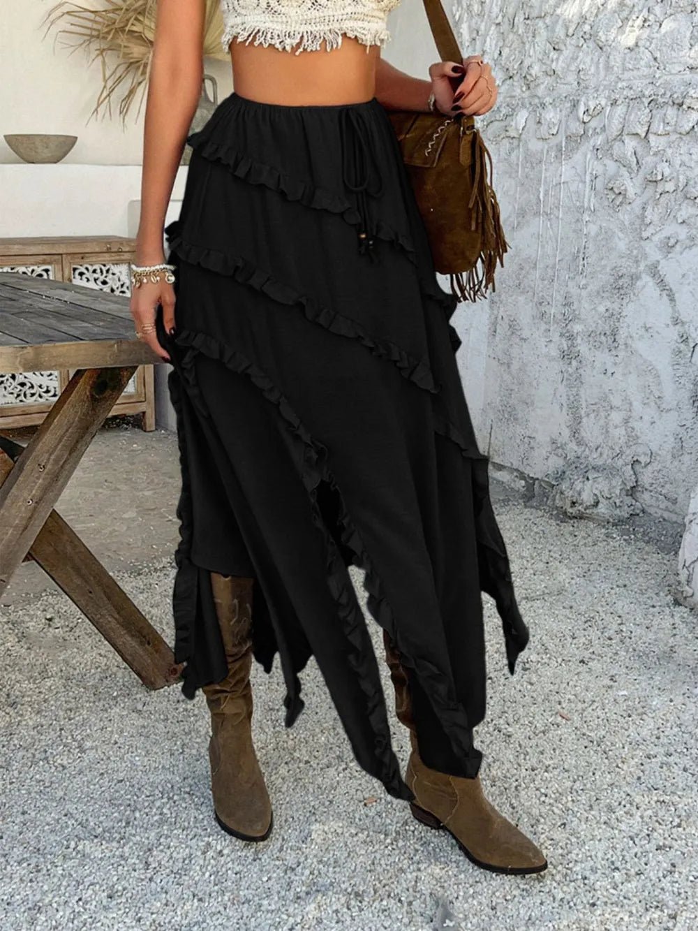 Devine Slit Drawstring Ruffled Skirt - adritiX