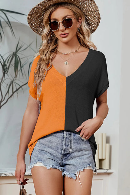 Color Block V-Neck Short Sleeve Knit Top - adritiX