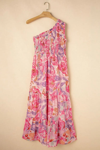 Floral Print Shirred One Shoulder Maxi Dress - adritiX