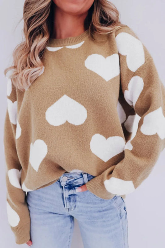 Heart Round Neck Long Sleeve Sweater - adritiX