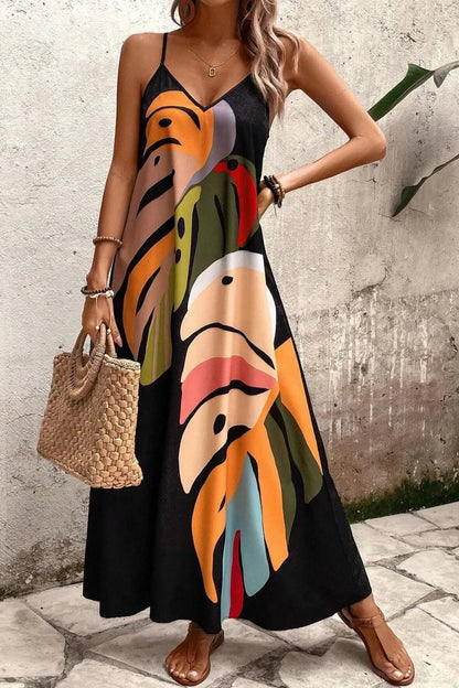 Tropical Leaf Print V-Neck Maxi Cami Dress - adritiX