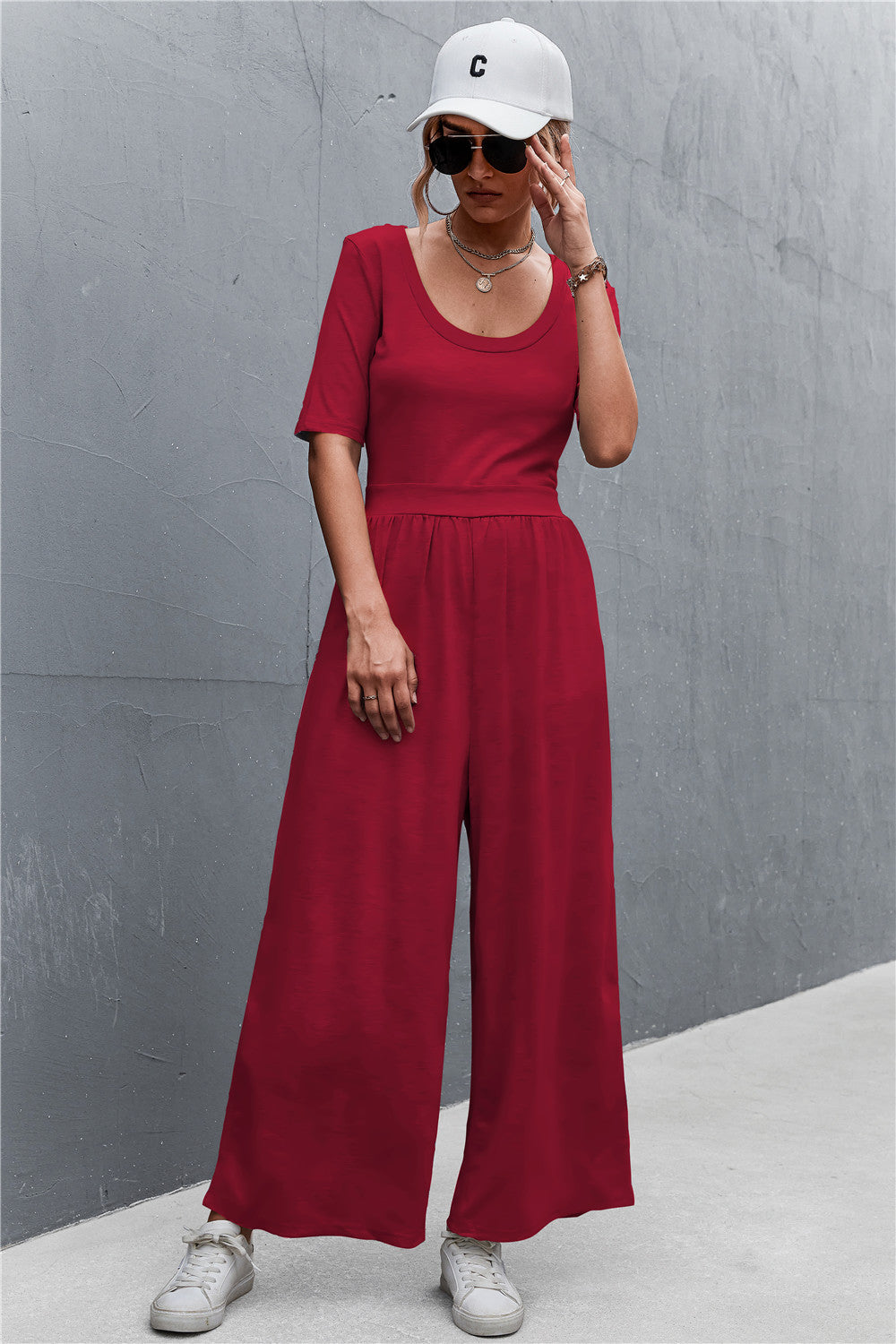 Elegant Scoop Neck Half Sleeve Wide Leg Jumpsuit - adritiX