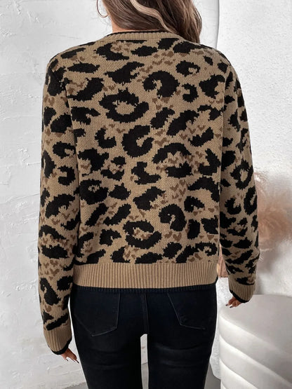 Perfee Tied Leopard Long Sleeve Cardigan - adritiX