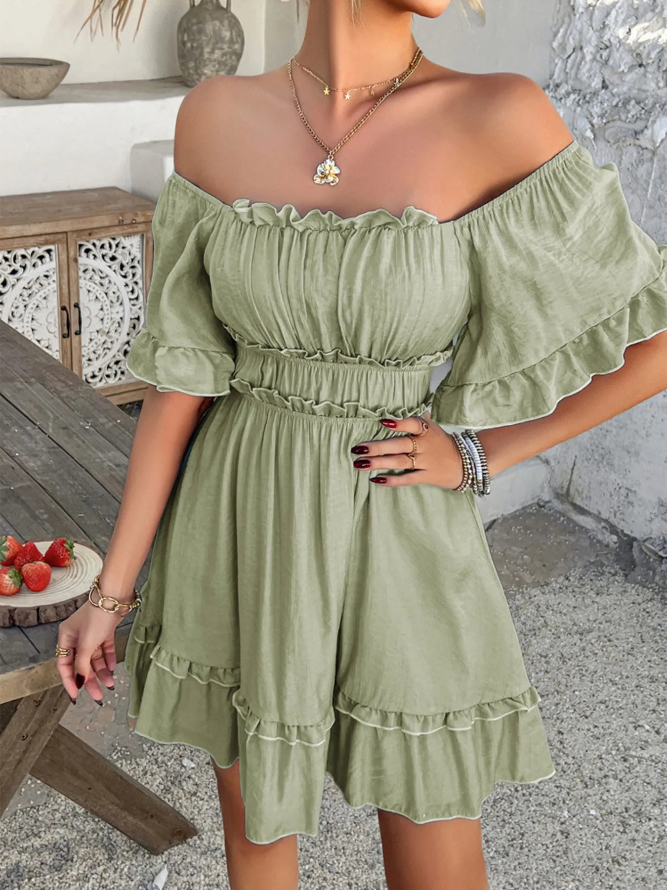 Square Neck Ruffle Trim Mini Dress - adritiX