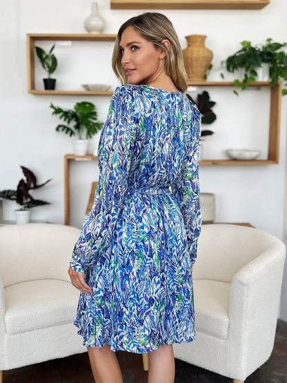 Double Take Full Size Printed Drawstring Waist Long Sleeve Dress - adritiX