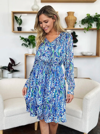 Double Take Full Size Printed Drawstring Waist Long Sleeve Dress - adritiX