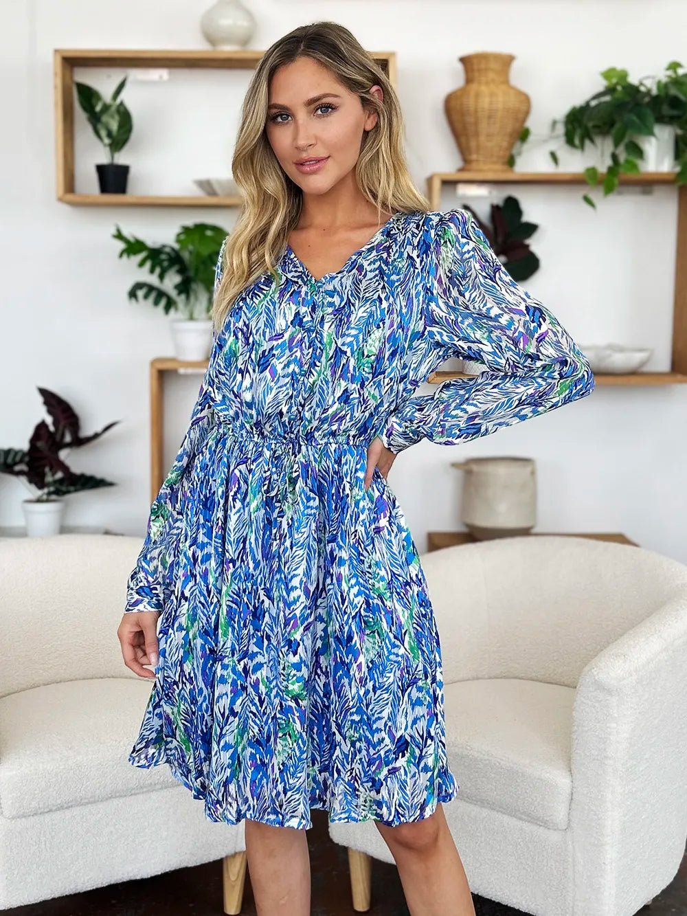 Double Take Full Size Printed Drawstring Waist Long Sleeve Dress - adritiX
