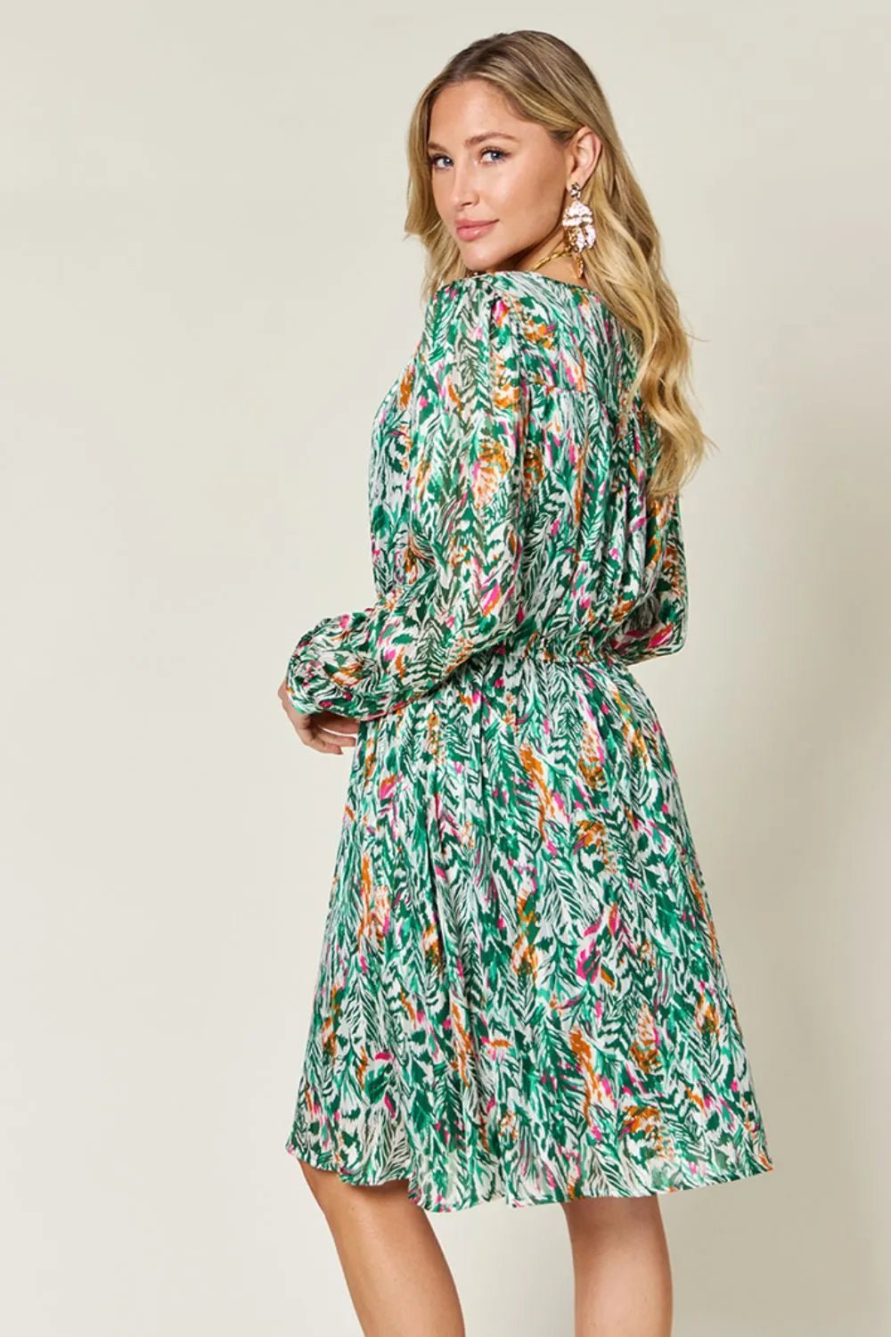 Double Take Full Size Printed Drawstring Waist Long Sleeve Dress - adritiX