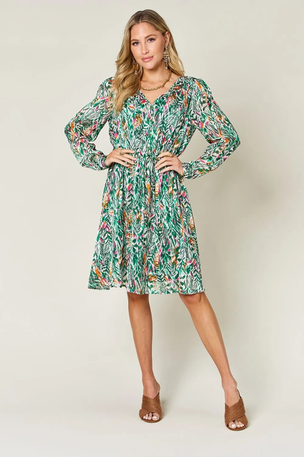 Double Take Full Size Printed Drawstring Waist Long Sleeve Dress - adritiX