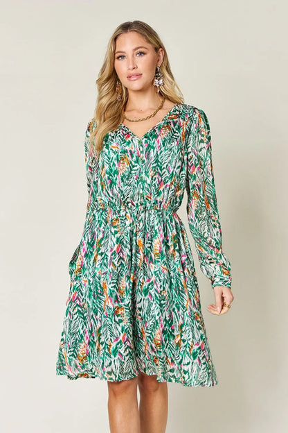Double Take Full Size Printed Drawstring Waist Long Sleeve Dress - adritiX
