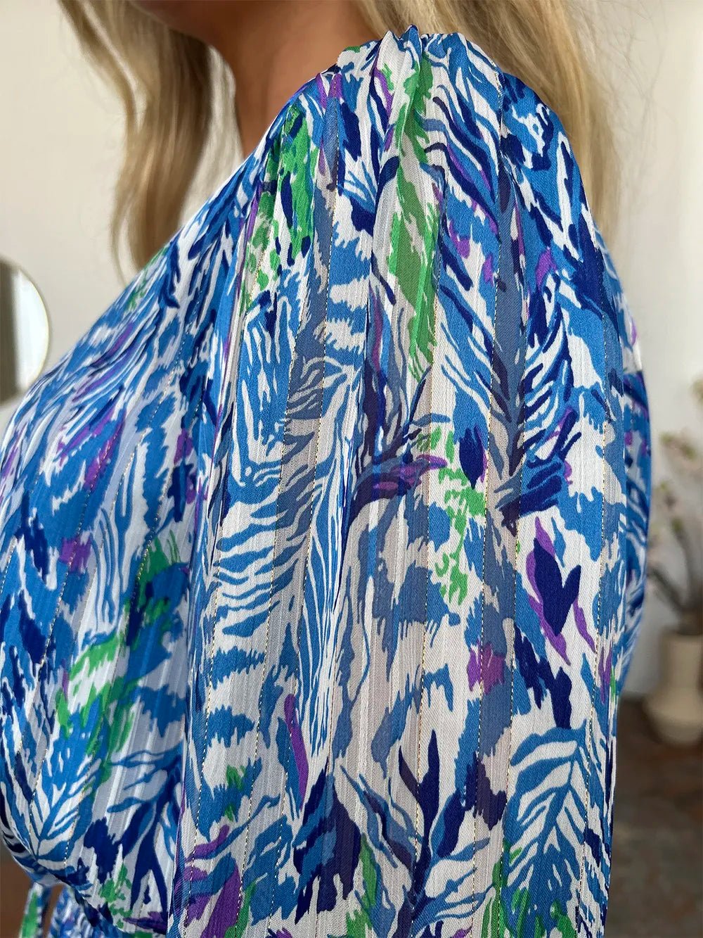 Double Take Full Size Printed Drawstring Waist Long Sleeve Dress - adritiX