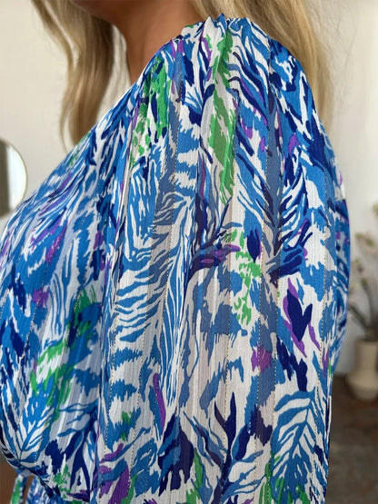 Double Take Full Size Printed Drawstring Waist Long Sleeve Dress - adritiX