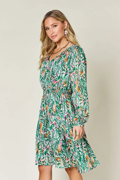 Double Take Full Size Printed Drawstring Waist Long Sleeve Dress - adritiX