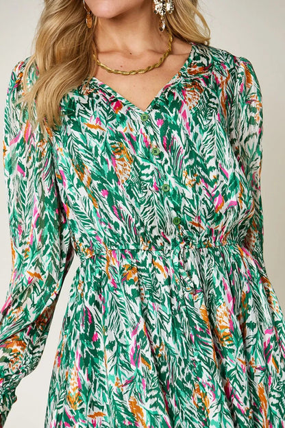 Double Take Full Size Printed Drawstring Waist Long Sleeve Dress - adritiX
