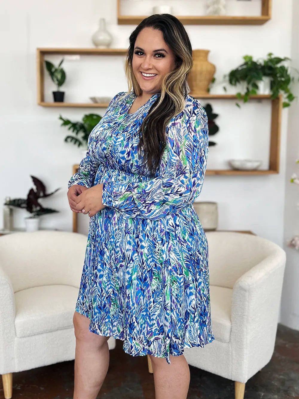 Double Take Full Size Printed Drawstring Waist Long Sleeve Dress - adritiX