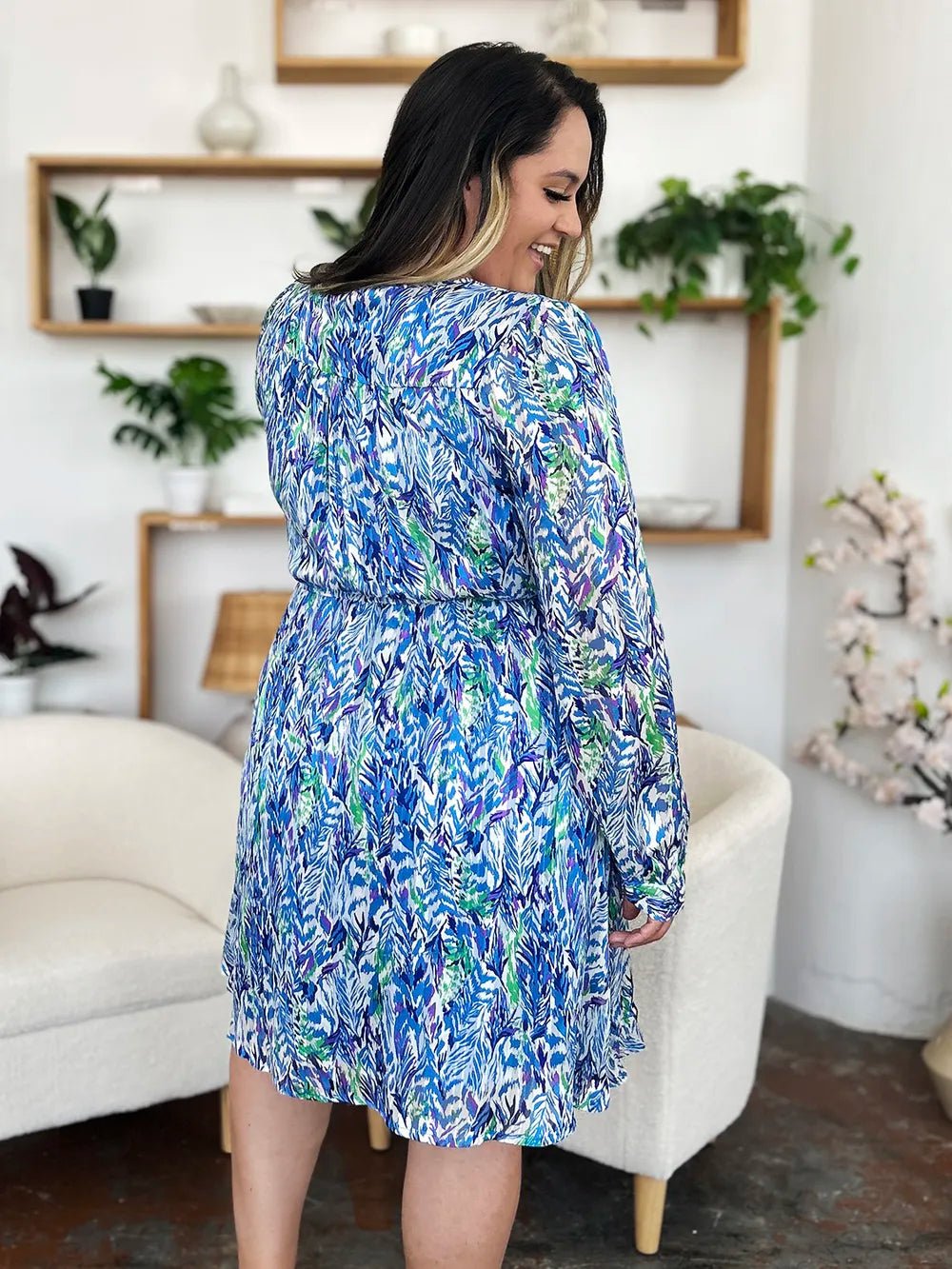 Double Take Full Size Printed Drawstring Waist Long Sleeve Dress - adritiX