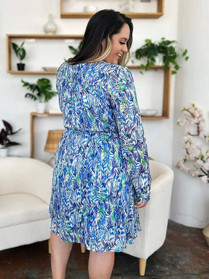 Double Take Full Size Printed Drawstring Waist Long Sleeve Dress - adritiX