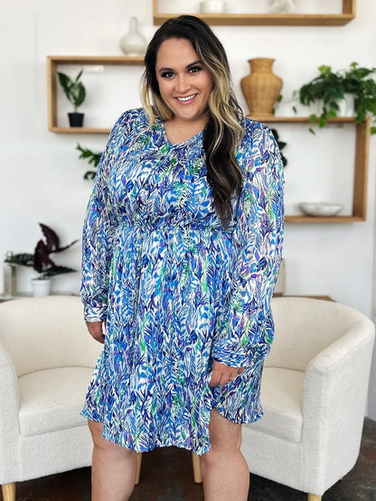 Double Take Full Size Printed Drawstring Waist Long Sleeve Dress - adritiX