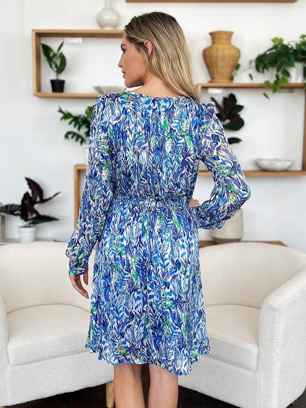 Double Take Full Size Printed Drawstring Waist Long Sleeve Dress - adritiX