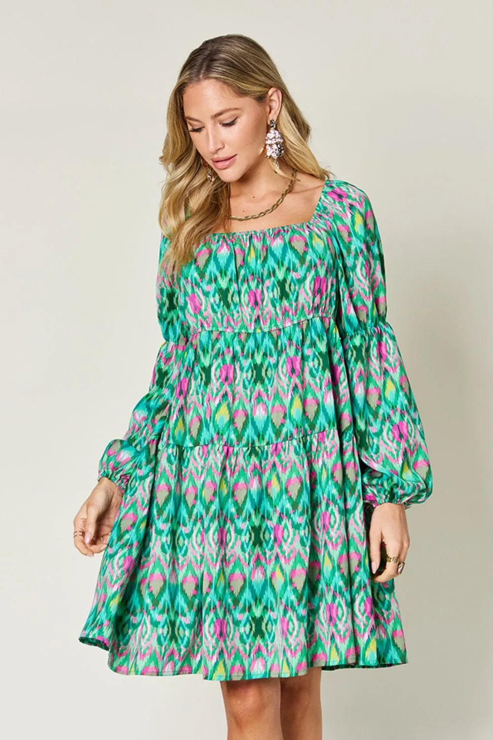 Double Take Full Size Printed Long Sleeve Dress - adritiX
