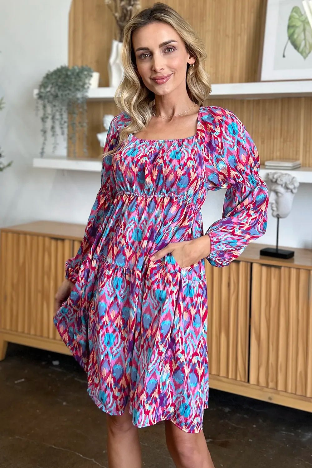 Double Take Full Size Printed Long Sleeve Dress - adritiX