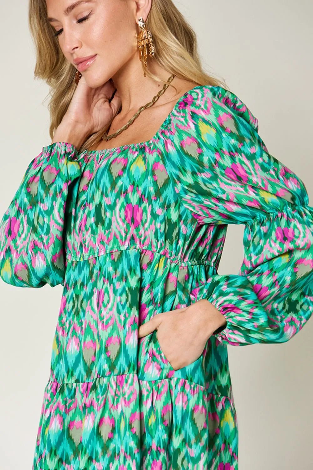 Double Take Full Size Printed Long Sleeve Dress - adritiX