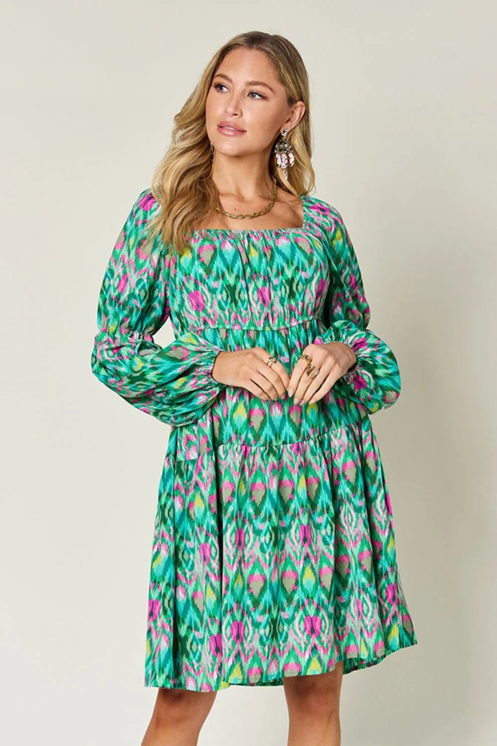 Double Take Full Size Printed Long Sleeve Dress - adritiX