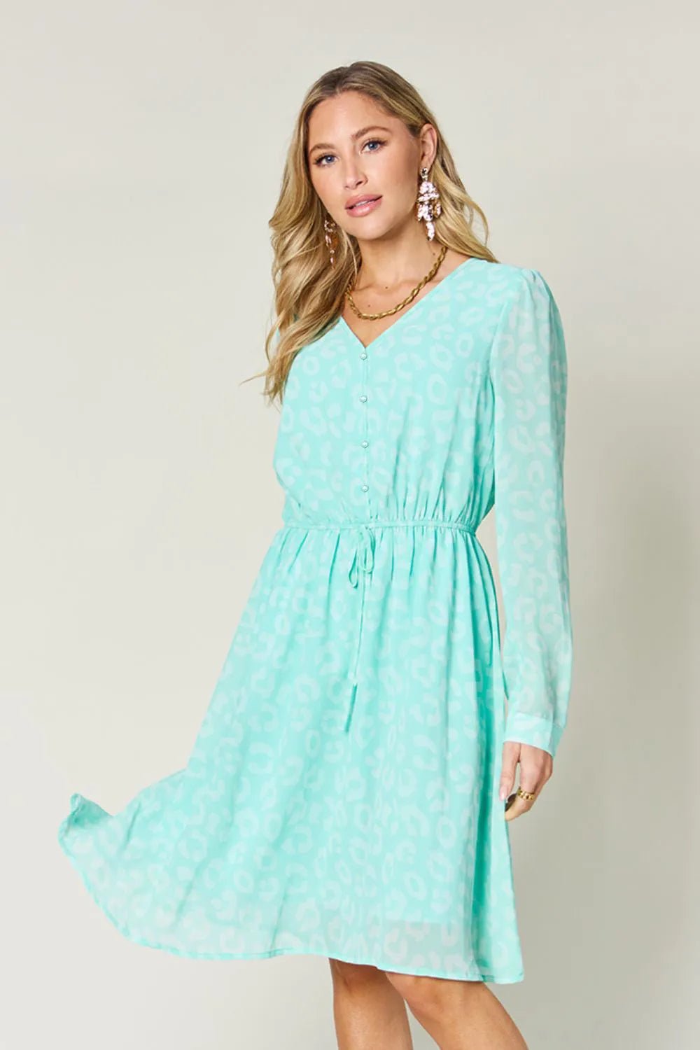Double Take Full Size Printed Ruched V - Neck Long Sleeve Dress - adritiX