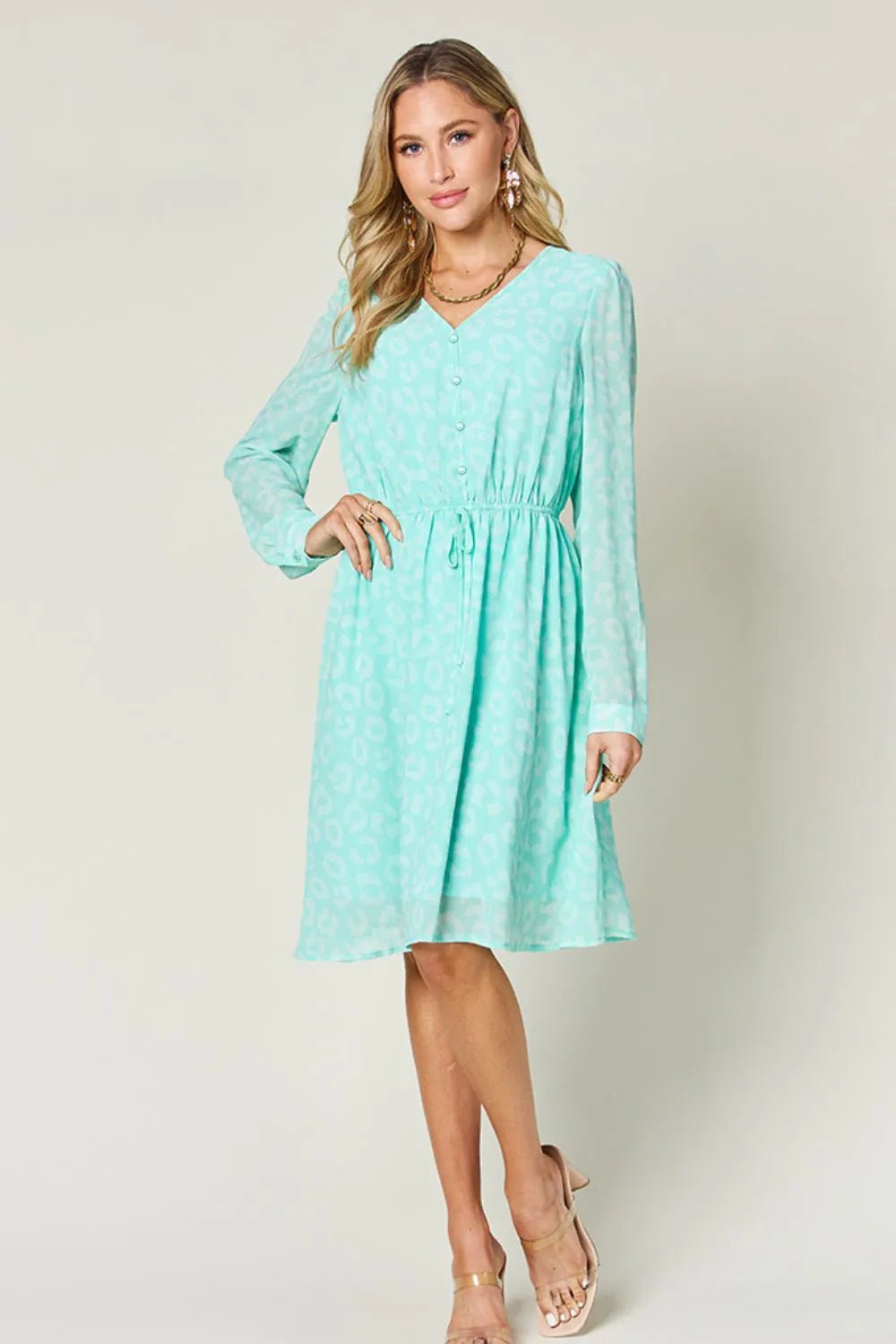 Double Take Full Size Printed Ruched V - Neck Long Sleeve Dress - adritiX