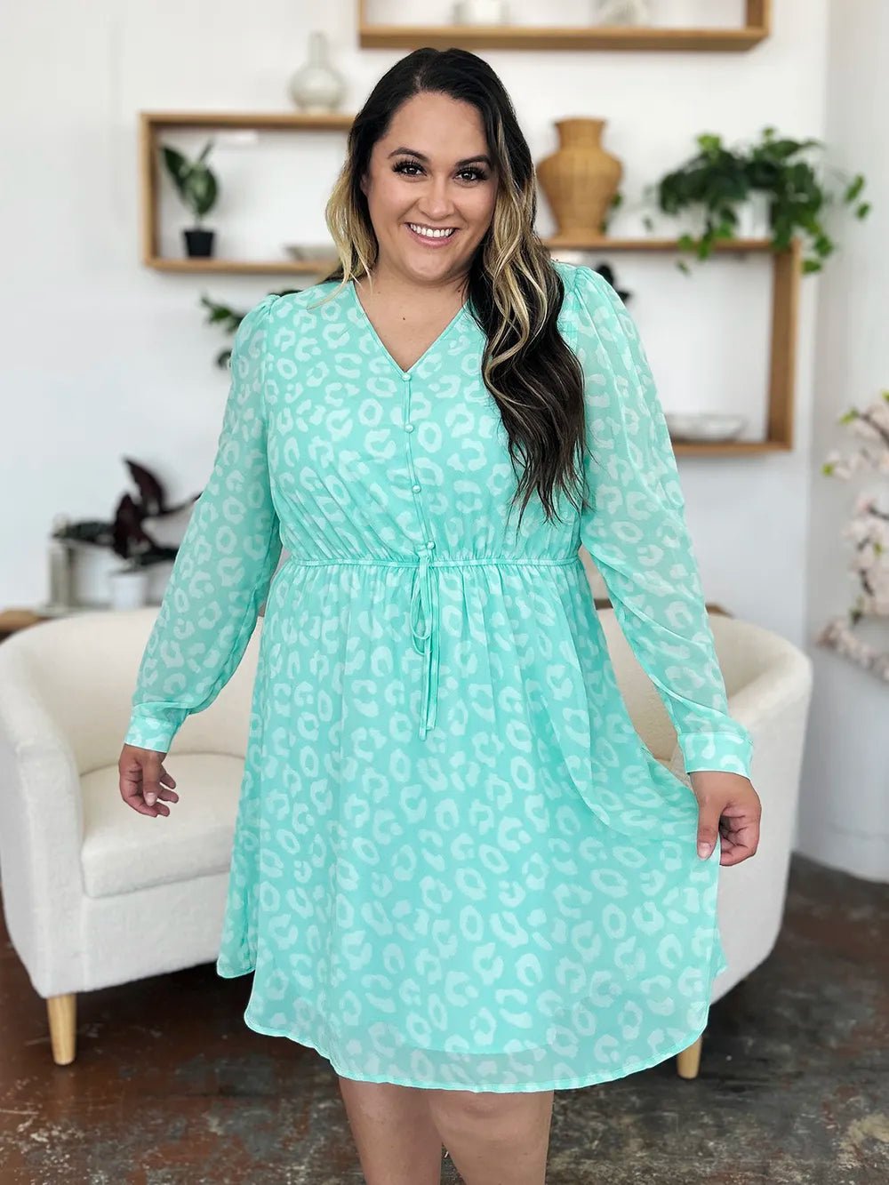 Double Take Full Size Printed Ruched V - Neck Long Sleeve Dress - adritiX