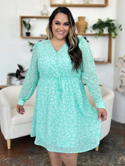 Double Take Full Size Printed Ruched V - Neck Long Sleeve Dress - adritiX